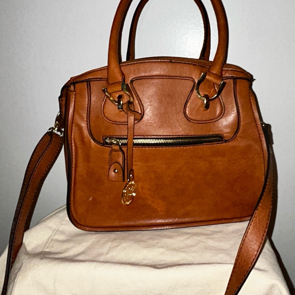 London Fog Tan Leather Tote with Gold Accents and crossbody strap. - Picture 10 of 10
